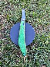 Load image into Gallery viewer, Farrier Hoof Knife Green Handle with Brass Horseshoeing Topper Left Handed Right Hand