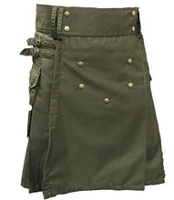 Load image into Gallery viewer, Men Scottish Fashionable Utility Kilt For Men's 100% Cotton Cargo Pockets Kilt Olive Green