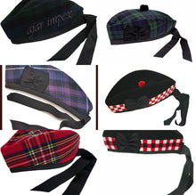 Load image into Gallery viewer, SCOTTISH PIPER HAT 100% PURE WOOL BLACK GLENGARRY DOUBLE DICED HAT