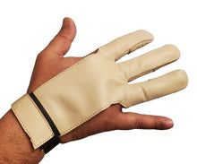 Load image into Gallery viewer, Traditional Archery Shooting Leather Gloves Top quality 100% Real leather 3 Fingers Beige Gloves