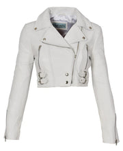Load image into Gallery viewer, Women’s White Cropped Biker Bustier Bolero Real Leather Jacket