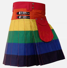 Load image into Gallery viewer, Deluxe hybrid Black/Rainbow Utility Cargo Highland Kilt With Two Pockets Size 30" To 60"