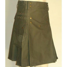 Load image into Gallery viewer, Men Scottish Fashionable Utility Kilt For Men's 100% Cotton Cargo Pockets Kilt Olive Green