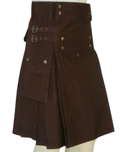 Load image into Gallery viewer, Men Scottish Fashionable Utility Kilt For Men's 100% Cotton Cargo Pockets Kilt chocolate brown