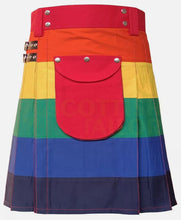 Load image into Gallery viewer, Deluxe hybrid Black/Rainbow Utility Cargo Highland Kilt With Two Pockets Size 30" To 60"