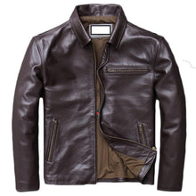 Load image into Gallery viewer, Dark Brown Leather Biker Jacket - Zipper Pockets - Stylish Outerwear