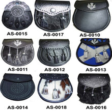 Load image into Gallery viewer, Scottish Kilt Leather Sporran Multi Design with Free Leather Belt Chain