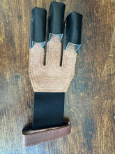 Load image into Gallery viewer, BURNISH ARCHERY SHOOTING LEATHER 3 FINGER GLOVE 100% BURNISH LEATHER Black/Brown