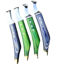 Load image into Gallery viewer, Farrier Hoof Knife Set Loop Knife Brass End Wood Handle Horse Goat Cow Right Hand Left Handed 10.5" inch long
