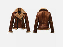 Load image into Gallery viewer, New Women’s Premium Shearling Lined Brown Aviator Real Sheepskin Leather Jacket