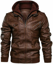 Load image into Gallery viewer, Men's Casual Stand Collar Distressed Brown Real Leather Hooded Winter Jacket