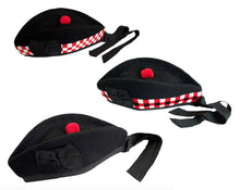 Load image into Gallery viewer, SCOTTISH PIPER HAT 100% PURE WOOL BLACK GLENGARRY DOUBLE DICED HAT