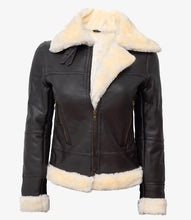 Load image into Gallery viewer, Women's Real Leather Dark Brown B3 Bomber Shearling Jacket