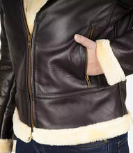 Load image into Gallery viewer, Women's Real Leather Dark Brown B3 Bomber Shearling Jacket