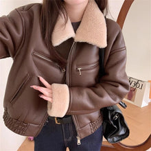 Load image into Gallery viewer, Women's 100% Wool Lamb Fur Lined Motorcycle Short Bomber Jacket Flight Coat Warm