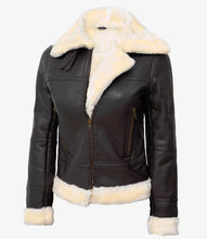 Load image into Gallery viewer, Women's Real Leather Dark Brown B3 Bomber Shearling Jacket