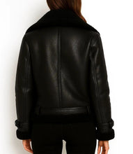 Load image into Gallery viewer, Women’s Sheepskin Shearling Black Real Leather Hooded Coat Fur Winter Jacket