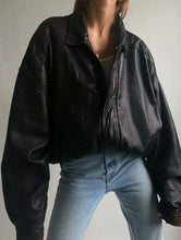 Load image into Gallery viewer, Women 90's Oversized Black Bomber Leather Jacket | Women Biker Black Jacket