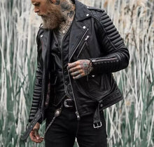Load image into Gallery viewer, Men's Slim Fit Leather Jacket Biker Style Real Lambskin Quilted Leather Jacket