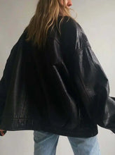 Load image into Gallery viewer, Women 90's Oversized Black Bomber Leather Jacket | Women Biker Black Jacket
