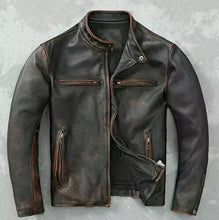 Load image into Gallery viewer, Men’s Motorcycle Biker Vintage Cafe Racer Distressed Brown Real Leather Jacket