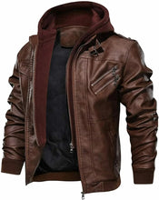 Load image into Gallery viewer, Men's Casual Stand Collar Distressed Brown Real Leather Hooded Winter Jacket
