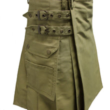 Load image into Gallery viewer, Men Scottish Fashionable Utility Kilt For Men's 100% Cotton Cargo Pockets Kilt Olive Green