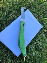 Load image into Gallery viewer, Farrier Hoof Knife Green Handle with Brass Horseshoeing Topper Left Handed Right Hand