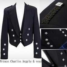 Load image into Gallery viewer, 100% Blazer-Blend WOOL Black Prince Charlie Jacket &amp; waistcoat Vest- Kilt Jacket
