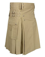 Load image into Gallery viewer, Men Scottish Fashionable Utility Kilt For Men&#39;s 100% Cotton Cargo Pockets Kilt Khaki
