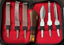 Load image into Gallery viewer, Horse Farrier Tool Changeable 6 piece Hoof Knife Set Cattle Pick Tac Wood Handle Zip Up Wallet
