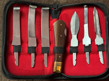 Load image into Gallery viewer, Horse Farrier Tool Changeable 6 piece Hoof Knife Set Cattle Pick Tac Wood Handle Zip Up Wallet
