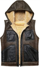 Load image into Gallery viewer, Hooded Shearling Wool Fur Sheepskin Natural Genuine Leather Vest Men Thick Sleeve