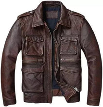 Load image into Gallery viewer, Men&#39;s Distressed Brown Leather Jacket Biker Vintage Cafe Racer Waxed Jacket
