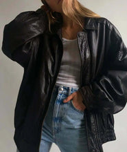 Load image into Gallery viewer, Women 90&#39;s Oversized Black Bomber Leather Jacket | Women Biker Black Jacket
