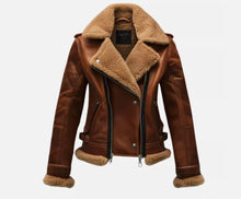 Load image into Gallery viewer, New Women’s Premium Shearling Lined Brown Aviator Real Sheepskin Leather Jacket