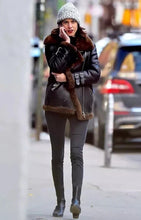 Load image into Gallery viewer, Women's Black Real Sheepskin Leather Bomber Jacket with Premium Shearling