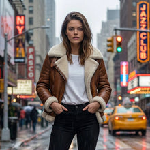 Load image into Gallery viewer, Women Shearling Leather Jacket - B3 Bomber Aviator Coat - Brown Sheepskin Jacket