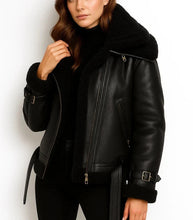Load image into Gallery viewer, Women’s Sheepskin Shearling Black Real Leather Hooded Coat Fur Winter Jacket