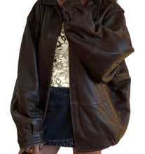 Load image into Gallery viewer, Women&#39;s Handmade Oversized Real Leather Vintage Brown Bomber Jacket
