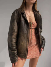 Load image into Gallery viewer, 60s Oversized Leather Jacket Womens Handmade Distressed Brown Genuine Leather
