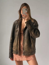 Load image into Gallery viewer, 60s Oversized Leather Jacket Womens Handmade Distressed Brown Genuine Leather
