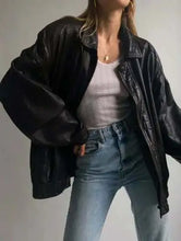 Load image into Gallery viewer, Women 90&#39;s Oversized Black Bomber Leather Jacket | Women Biker Black Jacket
